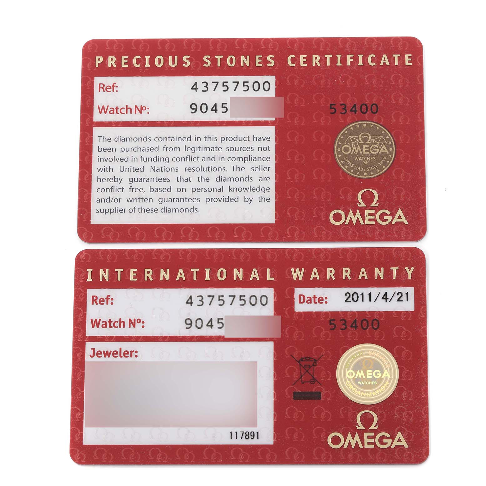 The image shows the Precious Stones Certificate and International Warranty cards for the Omega 4375.75.00 Women's Steel and Gold (two tone) Mother of Pearl Dial 4375.75.00 Women's Steel and Gold (two tone) Mother of Pearl Dial DeVille Mother Of Pearl Diamond Steel Yellow Gold Ladies Watch 4375.75.00.