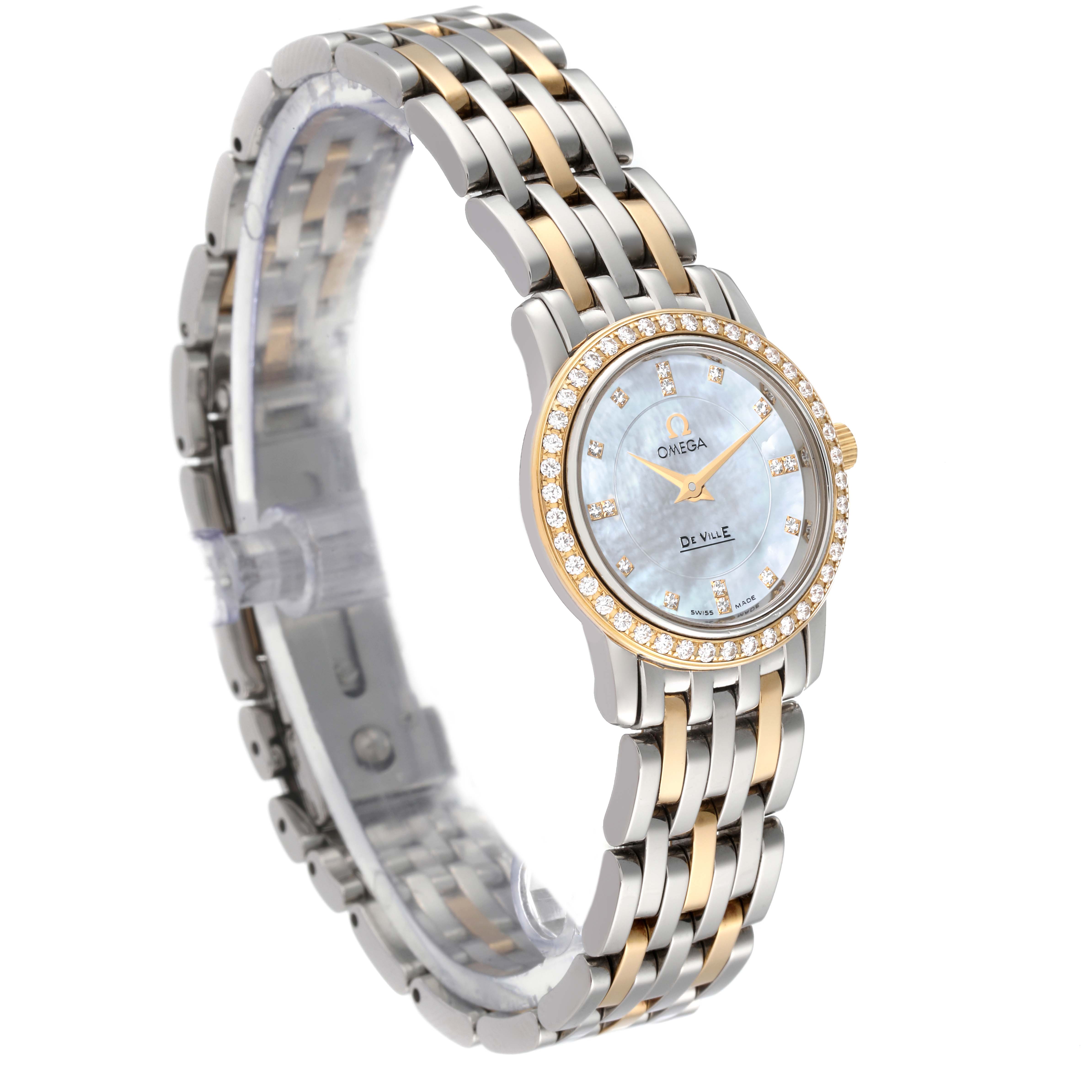 The Omega 4375.75.00 Women's Steel and Gold (two tone) Mother of Pearl Dial 4375.75.00 Women's Steel and Gold (two tone) Mother of Pearl Dial DeVille Mother Of Pearl Diamond Steel Yellow Gold Ladies Watch 4375.75.00 is shown at a slight angle displaying its face and band.