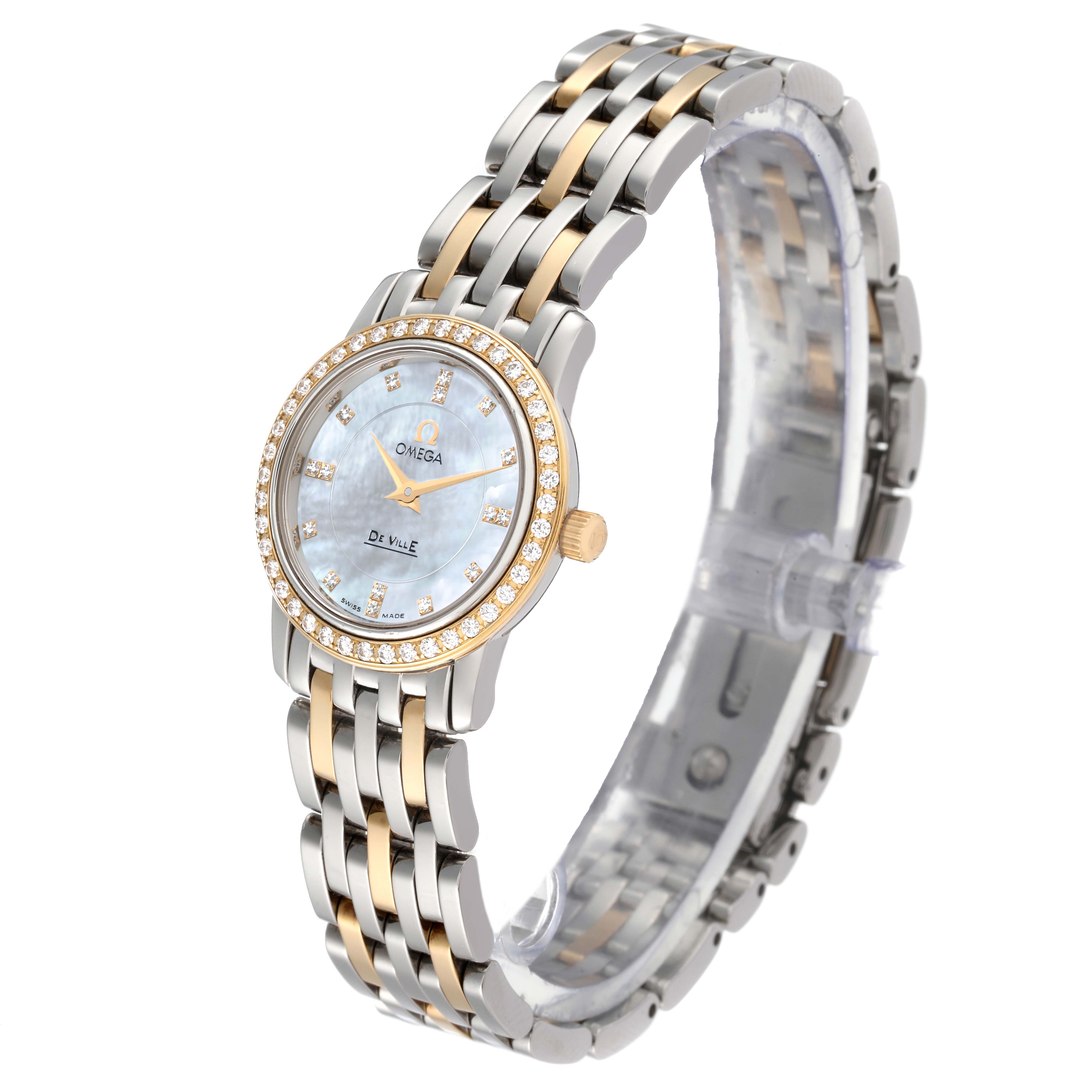 The image shows an Omega 4375.75.00 Women's Steel and Gold (two tone) Mother of Pearl Dial 4375.75.00 Women's Steel and Gold (two tone) Mother of Pearl Dial DeVille Mother Of Pearl Diamond Steel Yellow Gold Ladies Watch 4375.75.00 from a top angle, highlighting its face and bracelet.