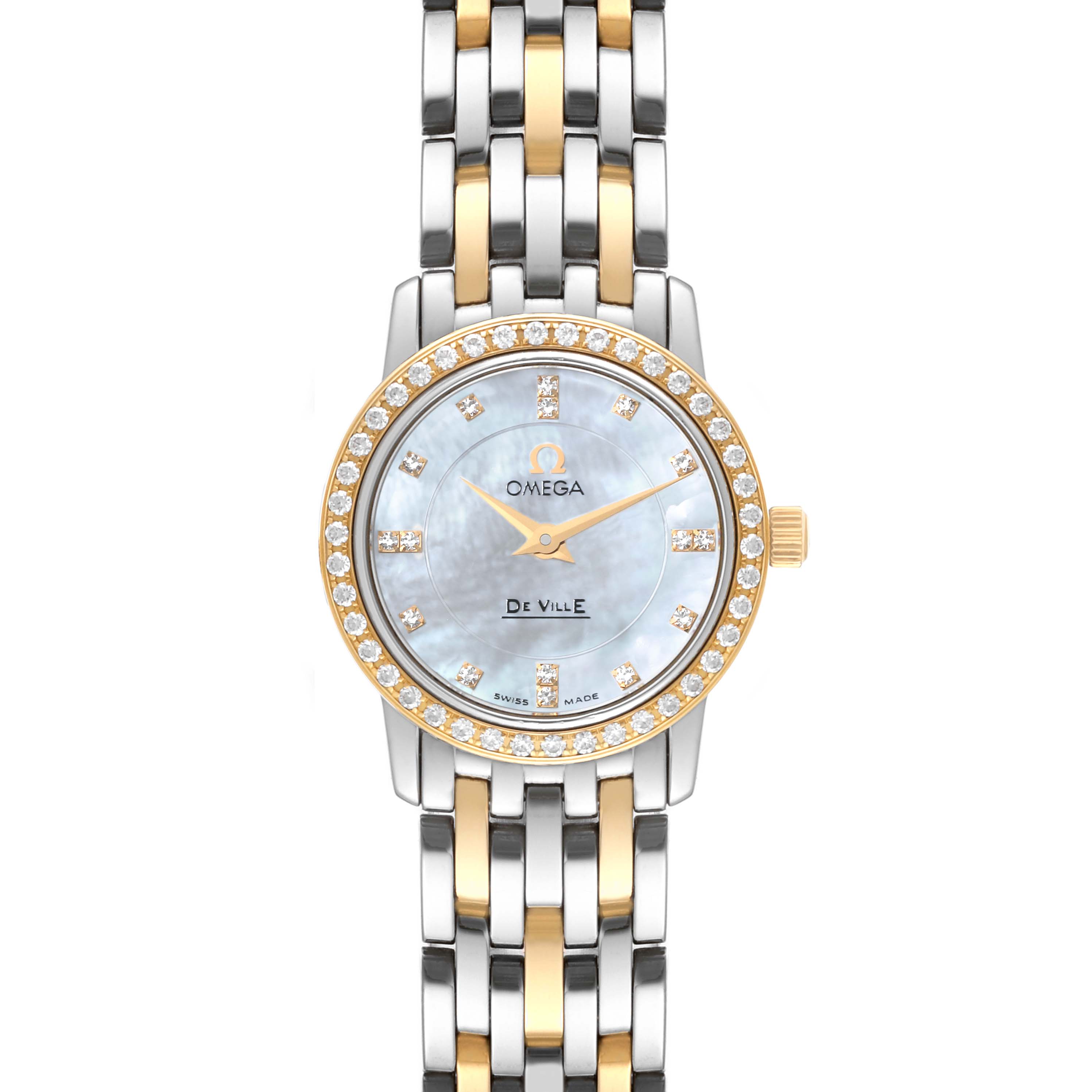 This image shows an Omega 4375.75.00 Women's Steel and Gold (two tone) Mother of Pearl Dial 4375.75.00 Women's Steel and Gold (two tone) Mother of Pearl Dial DeVille Mother Of Pearl Diamond Steel Yellow Gold Ladies Watch model 4375.75.00 from a frontal view.