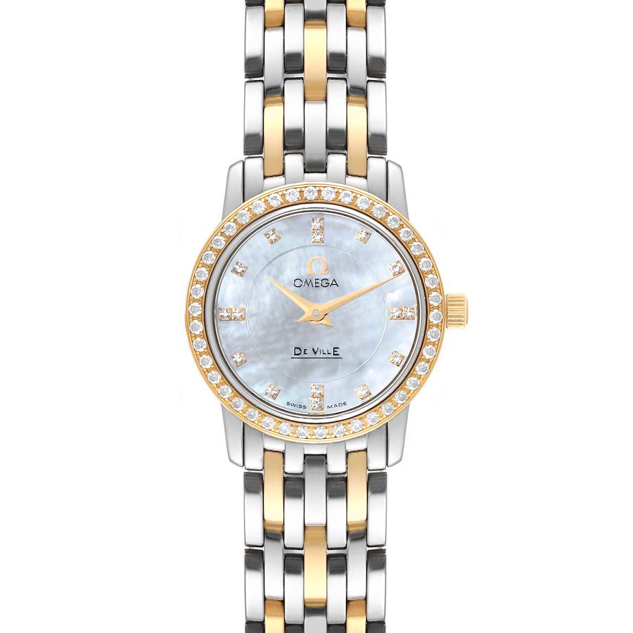 This image shows an Omega 4375.75.00 Women's Steel and Gold (two tone) Mother of Pearl Dial 4375.75.00 Women's Steel and Gold (two tone) Mother of Pearl Dial DeVille Mother Of Pearl Diamond Steel Yellow Gold Ladies Watch model 4375.75.00 from a frontal view.
