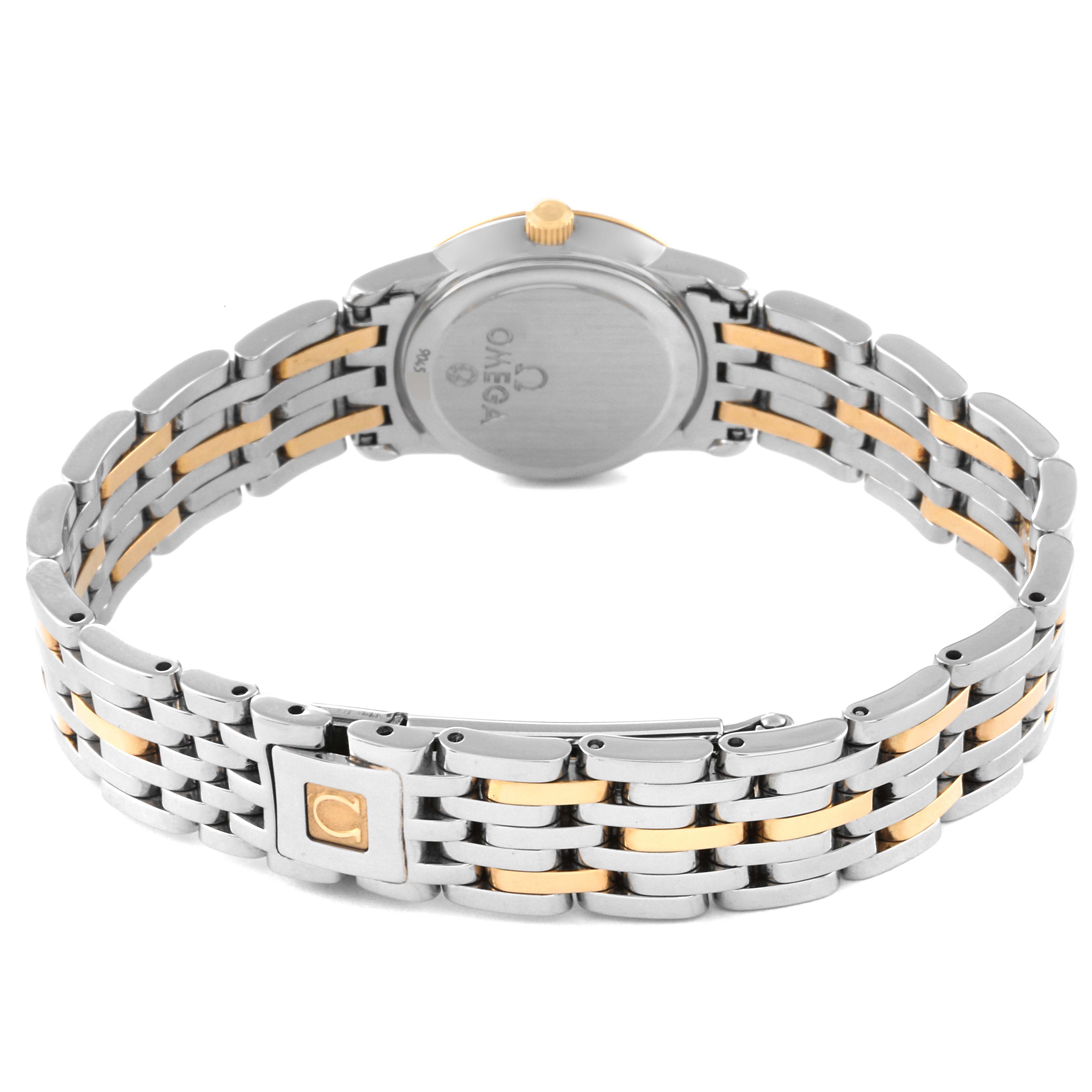 The image shows the back view of the Omega 4375.75.00 Women's Steel and Gold (two tone) Mother of Pearl Dial 4375.75.00 Women's Steel and Gold (two tone) Mother of Pearl Dial DeVille Mother Of Pearl Diamond Steel Yellow Gold Ladies Watch model 4375.75.00.