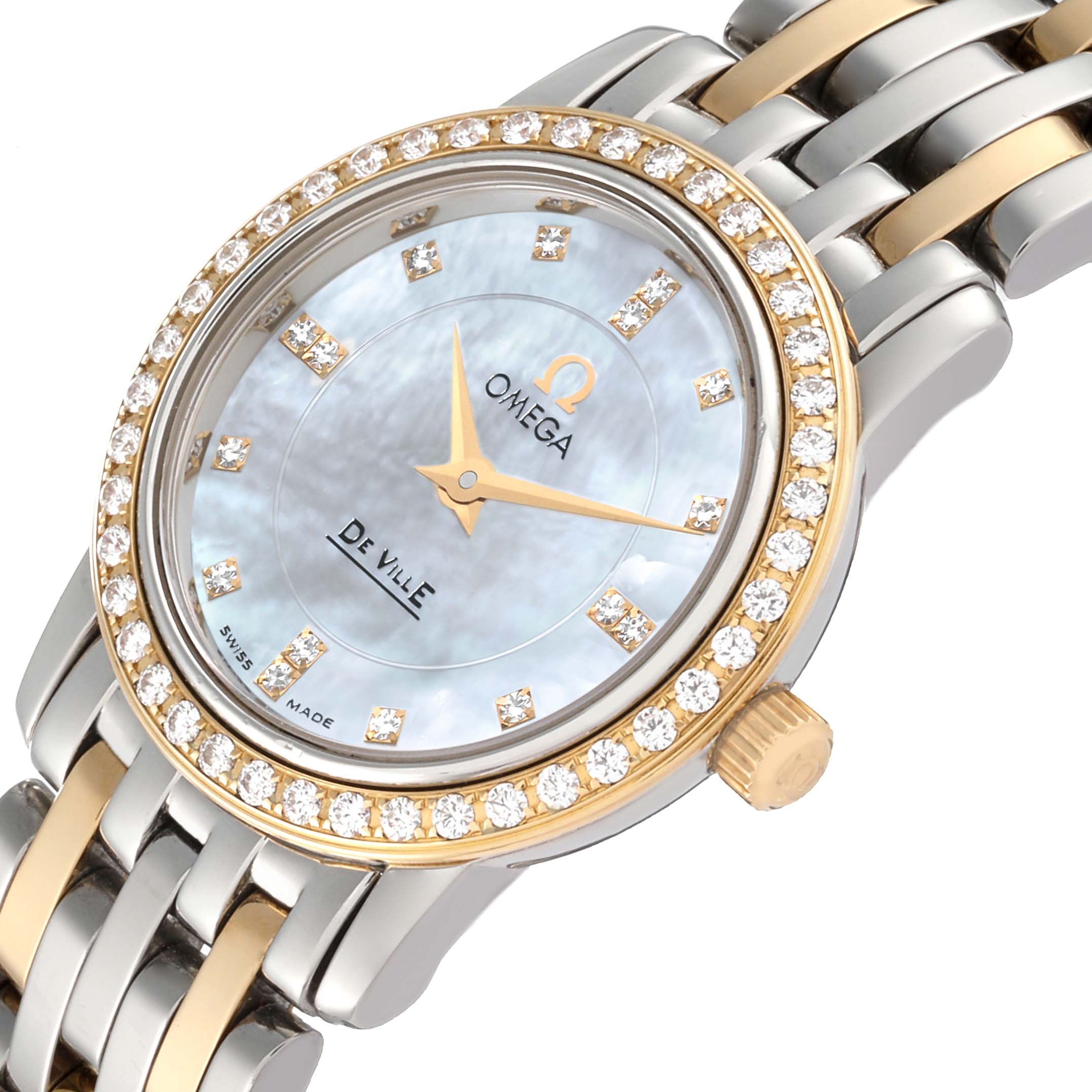 The Omega 4375.75.00 Women's Steel and Gold (two tone) Mother of Pearl Dial 4375.75.00 Women's Steel and Gold (two tone) Mother of Pearl Dial DeVille Mother Of Pearl Diamond Steel Yellow Gold Ladies Watch 4375.75.00 is shown at an angle highlighting the dial, bezel, and part of the bracelet.