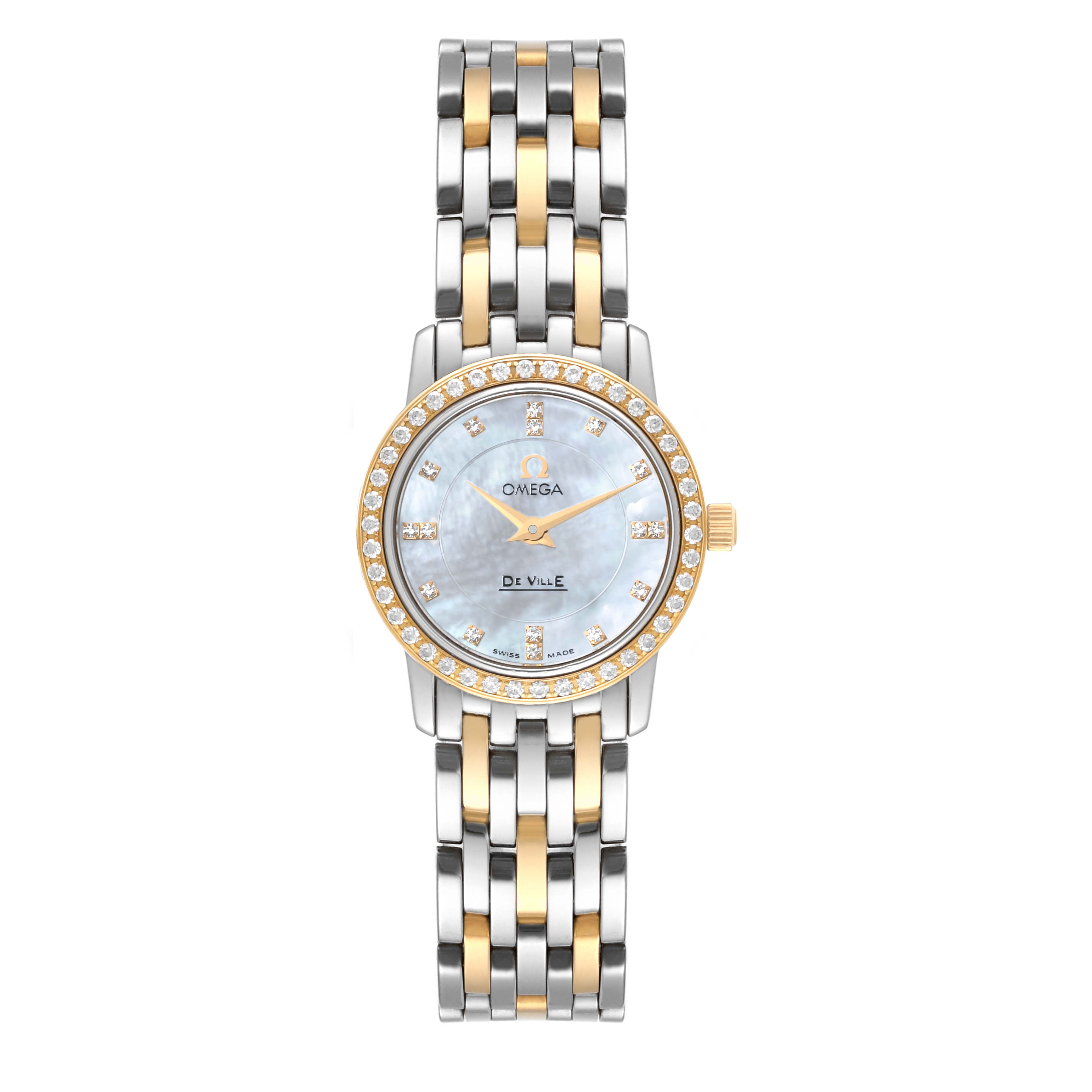 The Omega 4375.75.00 Women's Steel and Gold (two tone) Mother of Pearl Dial 4375.75.00 Women's Steel and Gold (two tone) Mother of Pearl Dial DeVille Mother Of Pearl Diamond Steel Yellow Gold Ladies Watch 4375.75.00 is shown from the front, displaying the face and band.