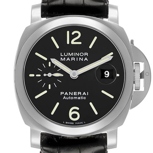 The Panerai Luminor PAM00104 Men's Stainless Steel Black Dial watch is shown from a front view, displaying the dial, crown guard, and leather strap.