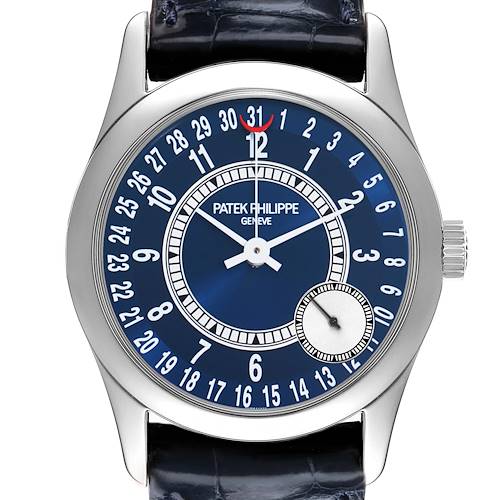 The Patek Philippe Calatrava 6000G Men's White Gold Blue Dial watch is shown from a top angle, highlighting the dial, date ring, and crown.