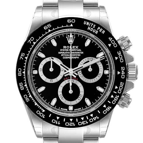 The Rolex Daytona 116500 Men's Stainless Steel Black Dial 116500 Men's Stainless Steel Black Dial watch is shown from a direct front angle, highlighting the dial, bezel, and bracelet.