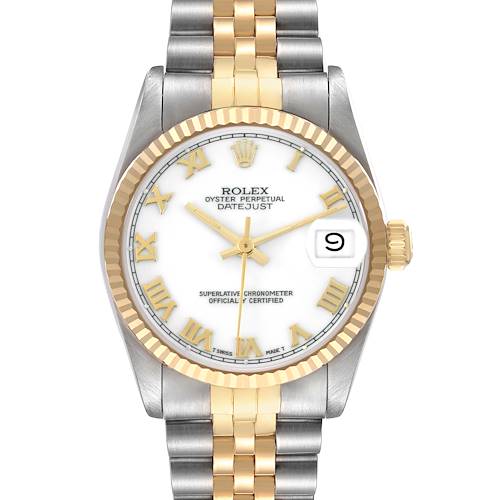 The Rolex Datejust Mid-Size watch is shown from the front, highlighting the dial, fluted bezel, and two-tone bracelet.