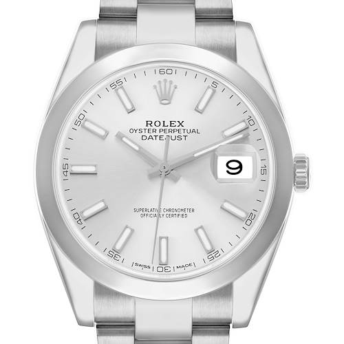 The Rolex Datejust 126300 Men's Stainless Steel Silver Dial watch is shown in a front view, highlighting the dial, bezel, and part of the bracelet.