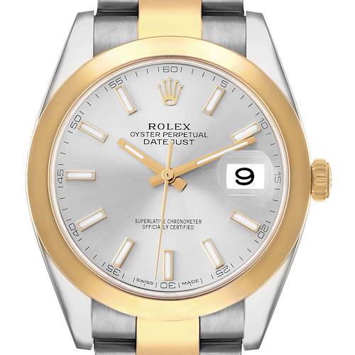 The Rolex Datejust 41 126303 Men's Steel and Gold (two tone) Silver Dial is shown head-on, highlighting the dial, bezel, hands, crown, and part of the bracelet.