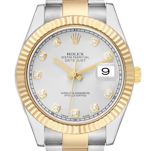 The Rolex Datejust 41 116333 Men's Steel and Gold (two tone) Silver Dial watch is shown from a front angle, highlighting the dial, bezel, and part of the bracelet.