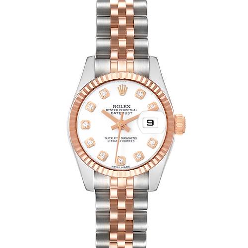 The Rolex Datejust 179171 Women's Steel and Gold (two tone) White Dial watch is shown from a frontal angle, highlighting the face, bezel, and two-tone bracelet.