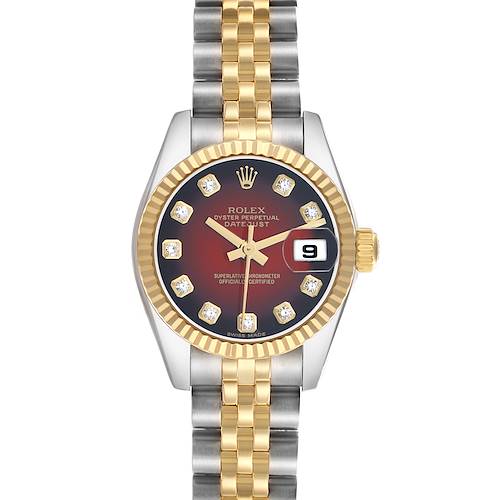 The Rolex Datejust 179173 Women's Steel and Gold (two tone) Red Dial watch is shown from a top-down angle, featuring the dial, bezel, and bracelet.