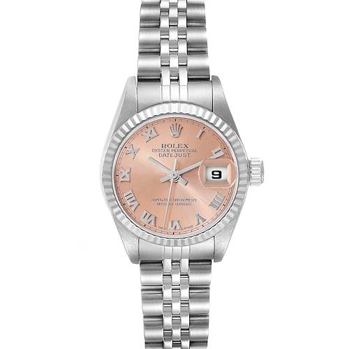 This Datejust Rolex watch is shown from a front angle, highlighting its dial, bracelet, and date display.