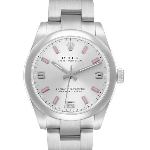 The Rolex Mid-Size 177200 Women's Stainless Steel Silver Dial model is shown from a front angle, displaying the dial, bezel, crown, and part of the bracelet.