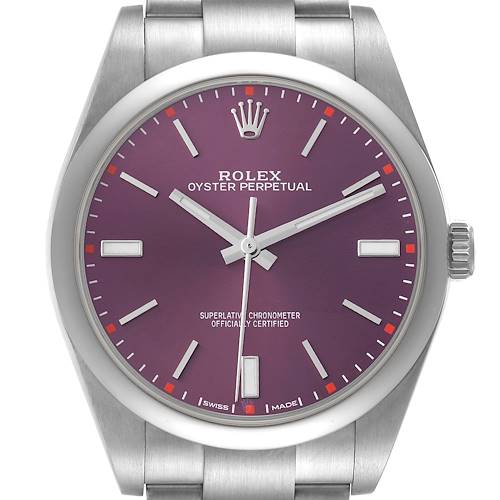 The image shows a front view of a Rolex Oyster Perpetual 114300 Men's Stainless Steel Burgundy Dial 114300 Men's Stainless Steel Burgundy Dial watch with a purple dial and silver bracelet.