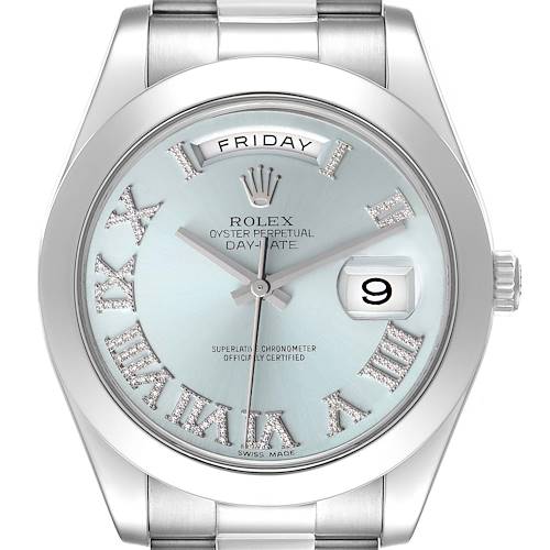 This image shows a front view of Rolex President 218206 Men's Platinum Blue Dial 218206 Men's Platinum Blue Dial model watch, featuring the dial, hands, day, and date displays.