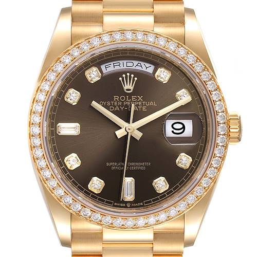 This image shows a frontal view of a Rolex President 128348 Men's Yellow Gold Grey Dial 128348 Men's Yellow Gold Grey Dial model watch, highlighting its dial, bezel, and bracelet.