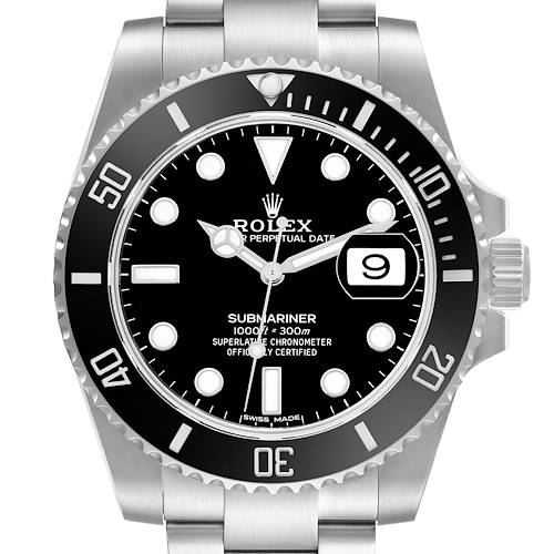 The image shows a frontal view of the Rolex Submariner 116610 Men's Stainless Steel Black Dial watch, highlighting the dial, bezel, and part of the bracelet.