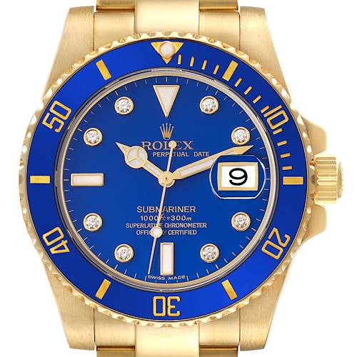The image shows a front view of the Rolex Submariner 116618 Men's Yellow Gold Blue Dial 116618 Men's Yellow Gold Blue Dial, highlighting the blue dial, date display, and bezel.