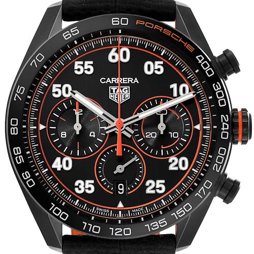 The image shows the dial and bezel of the Tag Heuer Carrera Limited Edition watch, featuring three sub-dials and a Porsche engraving.