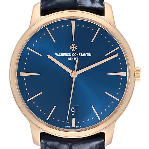 The Patrimony by Vacheron Constantin is shown from the front, displaying the dial, hands, markers, and crown.