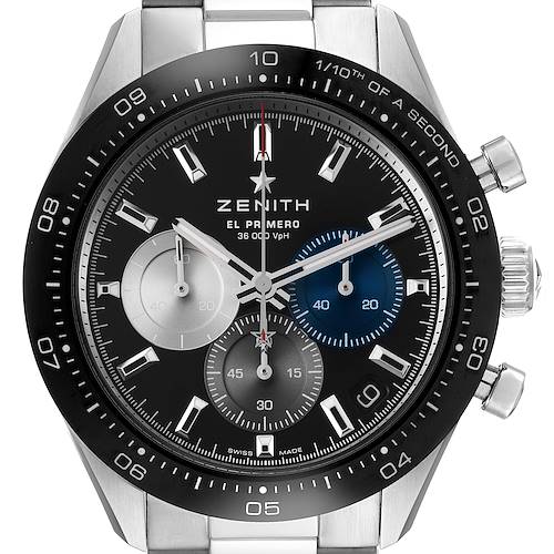 The image shows a front view of the Zenith Chronomaster 03.3100.3600/21.M3100 Men's Stainless Steel Black Dial 03.3100.3600/21.M3100 Men's Stainless Steel Black Dial model, highlighting the dial, subdials, bezel, and pushers.