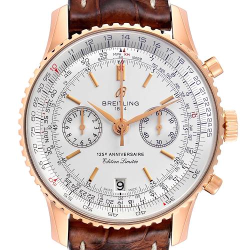 This image shows a front view of the Breitling Navitimer R26322 Men's Rose Gold Silver Dial R26322 Men's Rose Gold Silver Dial watch with its dial, bezel, crown, and leather strap visible.