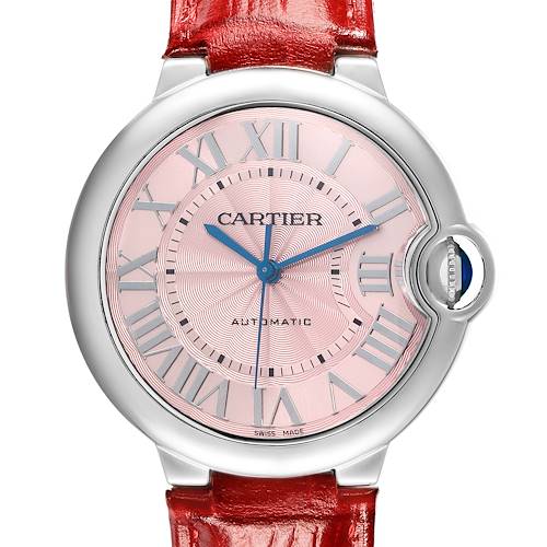 The image shows a front view of a Cartier Ballon Bleu WSBB0007 Women's Stainless Steel Pink Dial watch with a pink dial and a red leather strap.