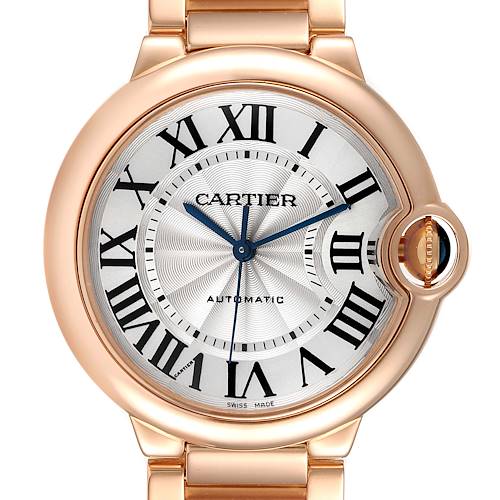 This image shows a frontal view of the Cartier Ballon Bleu WGBB0043 Men's Rose Gold Silver Dial WGBB0043 Men's Rose Gold Silver Dial watch, highlighting the dial, hands, and part of the bracelet.