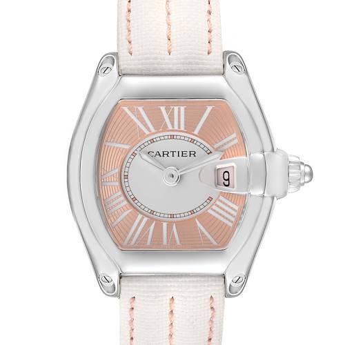 The image shows a frontal view of the Cartier Roadster W62054V3 Women's Stainless Steel Pink Dial W62054V3 Women's Stainless Steel Pink Dial watch, highlighting the dial, case, and part of the strap.