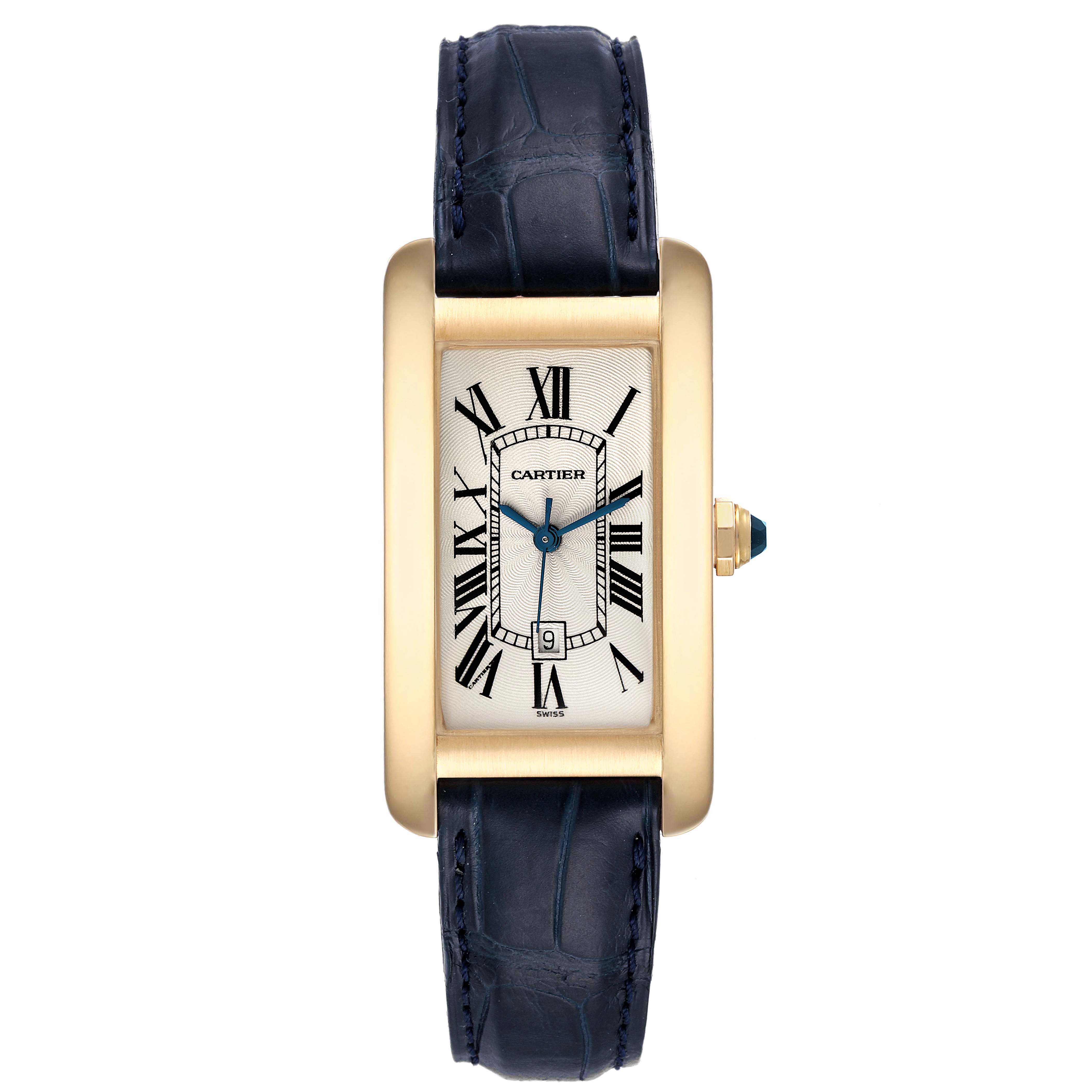 The image shows the front view of the Cartier Tank Americaine W2603556 Men's Yellow Gold Silver Dial W2603556 Men's Yellow Gold Silver Dial watch, featuring its rectangular face, Roman numerals, and leather strap.
