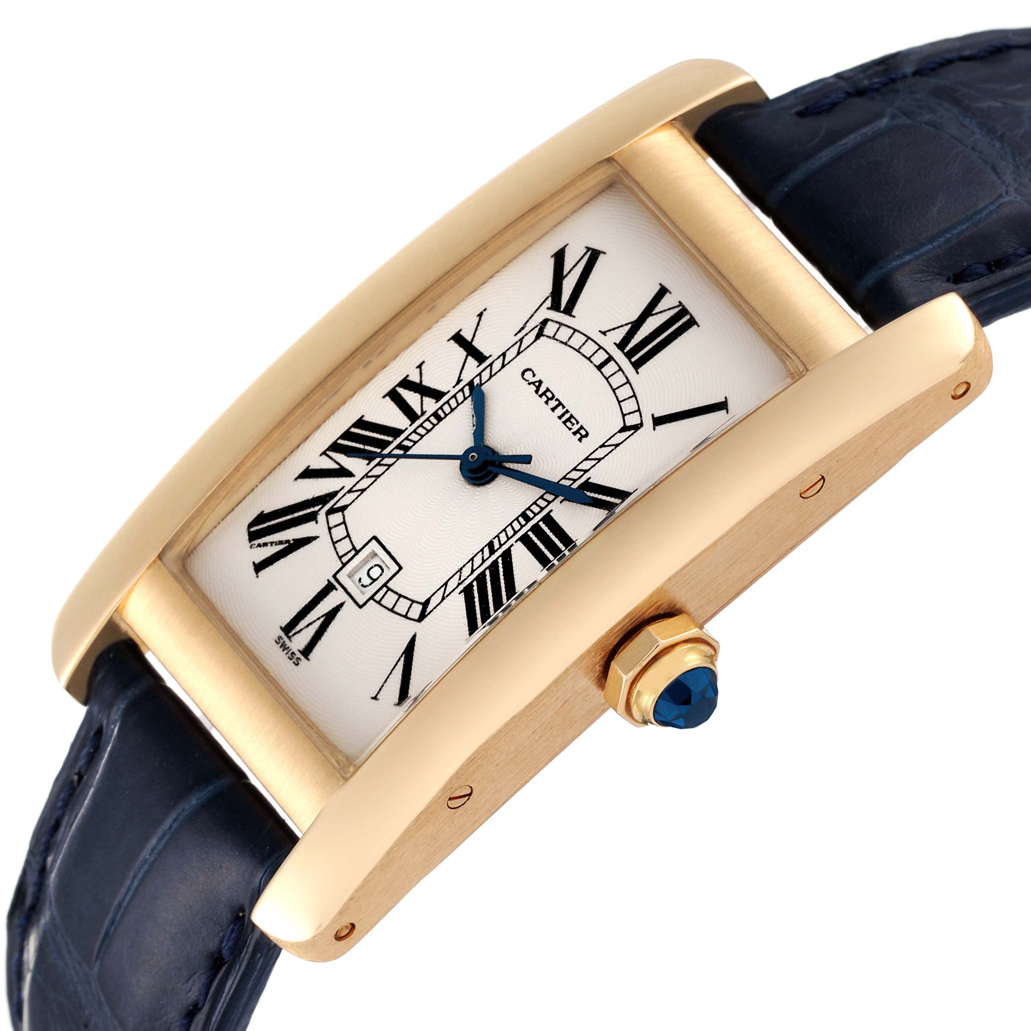 The image shows a gold Cartier Tank Americaine W2603556 Men's Yellow Gold Silver Dial W2603556 Men's Yellow Gold Silver Dial watch at an angle highlighting its face, strap, and crown.