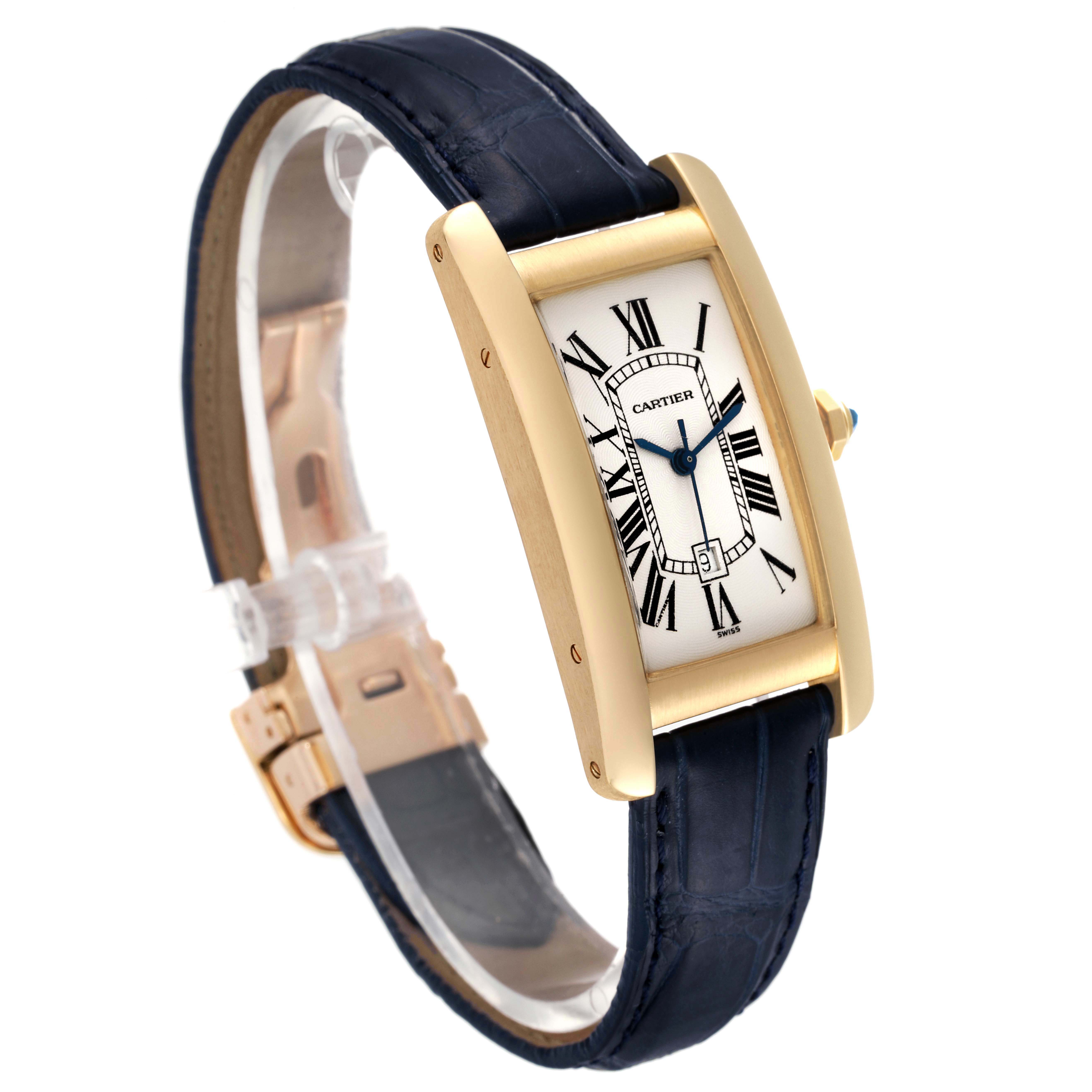 The Cartier Tank Americaine W2603556 Men's Yellow Gold Silver Dial W2603556 Men's Yellow Gold Silver Dial watch is shown from an angled view, highlighting its rectangular gold case, Roman numeral dial, and black leather strap.