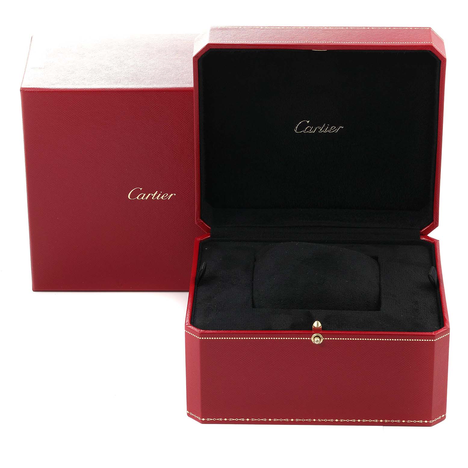 The image shows an open red watch box for a Cartier Tank Américaine, with "Cartier" branding inside the box's lid.
