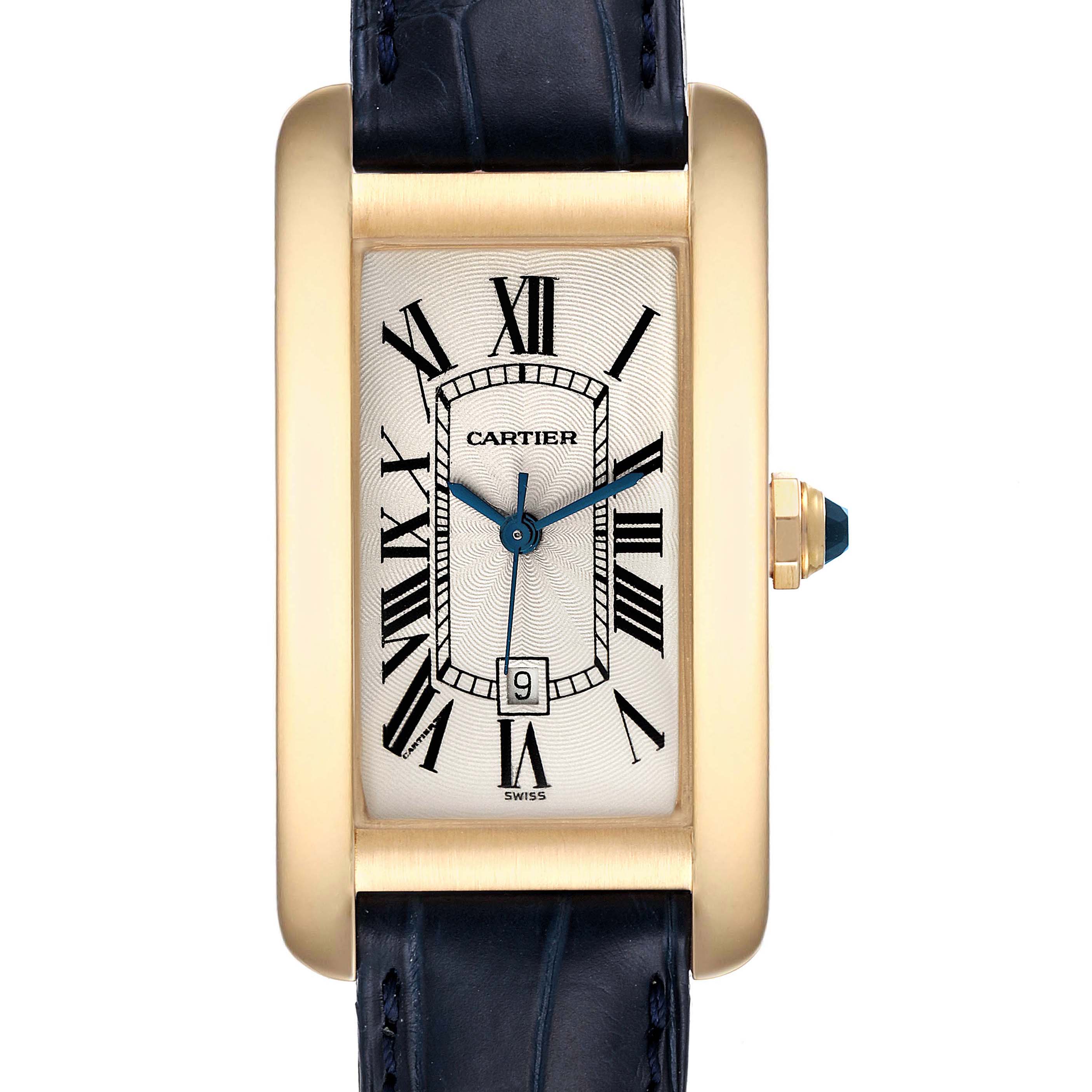 This image shows a frontal view of a Tank Américaine Cartier watch, displaying its rectangular face, Roman numerals, and date window.