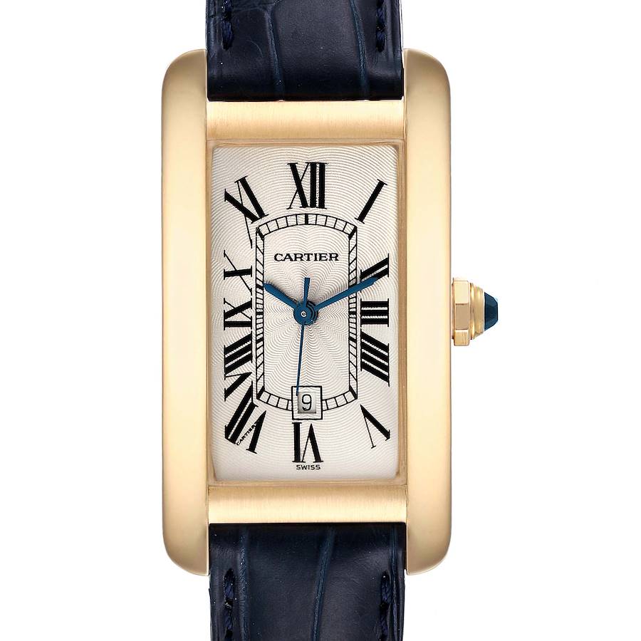 This image shows a frontal view of a Tank Américaine Cartier watch, displaying its rectangular face, Roman numerals, and date window.