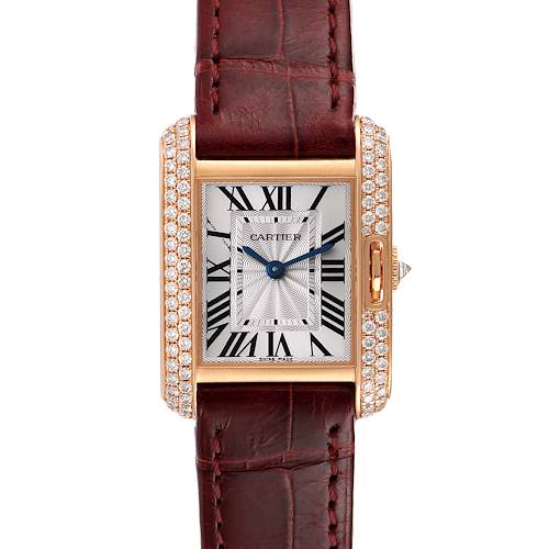 This image shows the Cartier Tank Anglaise WT100013 Women's Rose Gold Silver Dial WT100013 Women's Rose Gold Silver Dial watch, front view, displaying its rectangular face, gemstone accents, and brown leather strap.