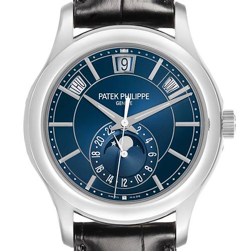 The Patek Philippe Complications 5205G-013 Men's White Gold Blue Dial watch is shown from the front, highlighting the dial, hands, subdials, and crown.