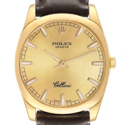 The Rolex Cellini 4243 Men's Yellow Gold Champagne Dial watch is shown from a frontal angle, displaying the face, dial, crown, and leather strap.