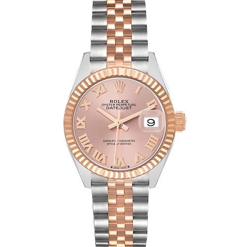 The Rolex Datejust 279171 Women's Steel and Gold (two tone) Pink Dial is shown from a front view, displaying its dial, bezel, and bracelet.