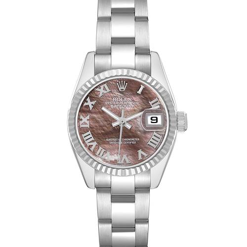 The Rolex Datejust 179174 Men's Stainless Steel Mother of Pearl Dial watch is shown from a frontal angle, highlighting the bezel, dial with Roman numerals, and bracelet.