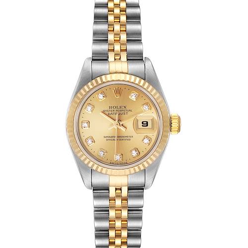 This Rolex Date 79173 Women's Steel and Gold (two tone) Champagne Dial 79173 Women's Steel and Gold (two tone) Champagne Dial model watch is shown from a top-down angle, displaying its face, bezel, crown, and bracelet.
