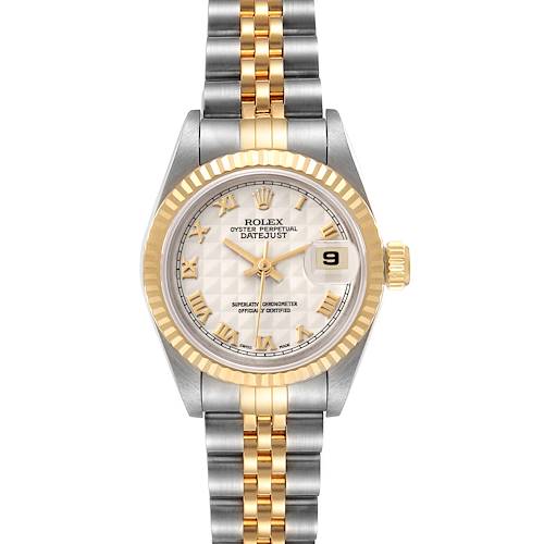 The image shows a frontal view of a Rolex Datejust 69173 Women's Steel and Gold (two tone) Beige Dial 69173 Women's Steel and Gold (two tone) Beige Dial watch with a two-tone bracelet and fluted bezel.