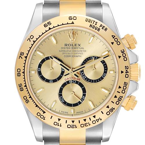 The Rolex Daytona 126503 Men's Steel and Gold (two tone) Champagne Dial watch is shown from the front, highlighting the dial, bezel, and pushers.