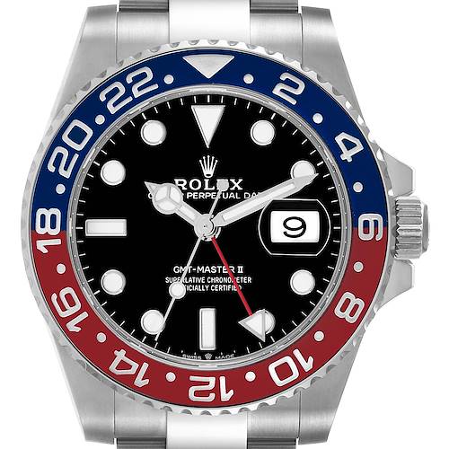 The image shows a front view of a Rolex GMT-Master 126710 Men's Stainless Steel Black Dial 126710 Men's Stainless Steel Black Dial II watch, highlighting its bezel, dial, and case.