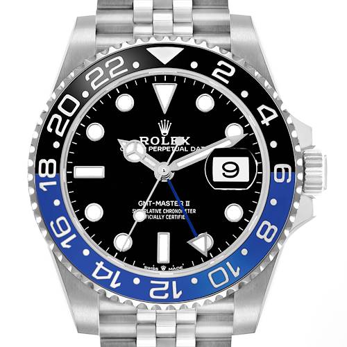 The Rolex GMT-Master 126710BLNR Men's Stainless Steel Black Dial II is shown from a front angle, highlighting the bezel, dial, hands, and bracelet.