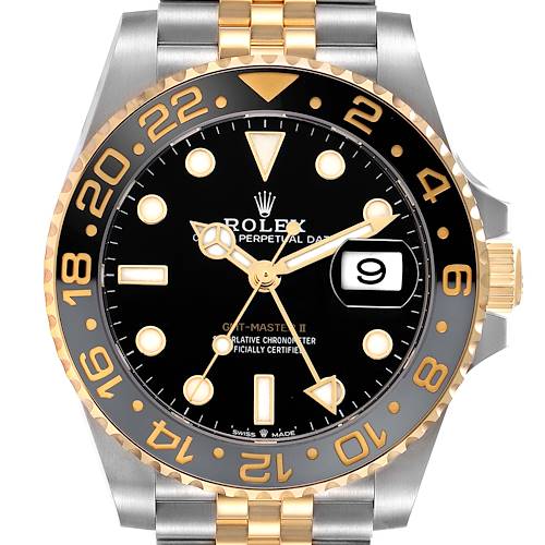 The Rolex GMT-Master 126713 Men's Steel and Gold (two tone) Black Dial II watch is shown from a front angle, highlighting its bezel, dial, and partial bracelet.