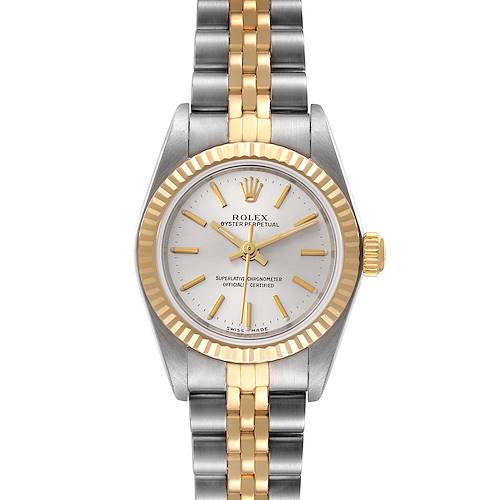 The image shows a front view of a Rolex Oyster Perpetual 76193 Women's Steel and Gold (two tone) Silver Dial 76193 Women's Steel and Gold (two tone) Silver Dial watch, highlighting its dial, bezel, and two-tone bracelet.