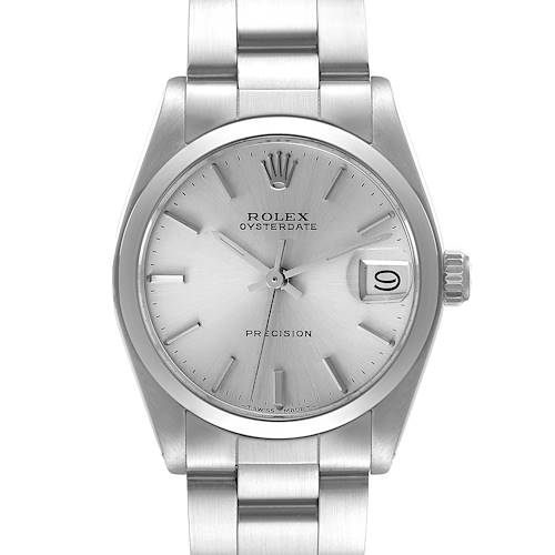 The image shows a front view of a Mid-Size Rolex Oysterdate Precision watch with its face, bracelet, crown, and date window visible.